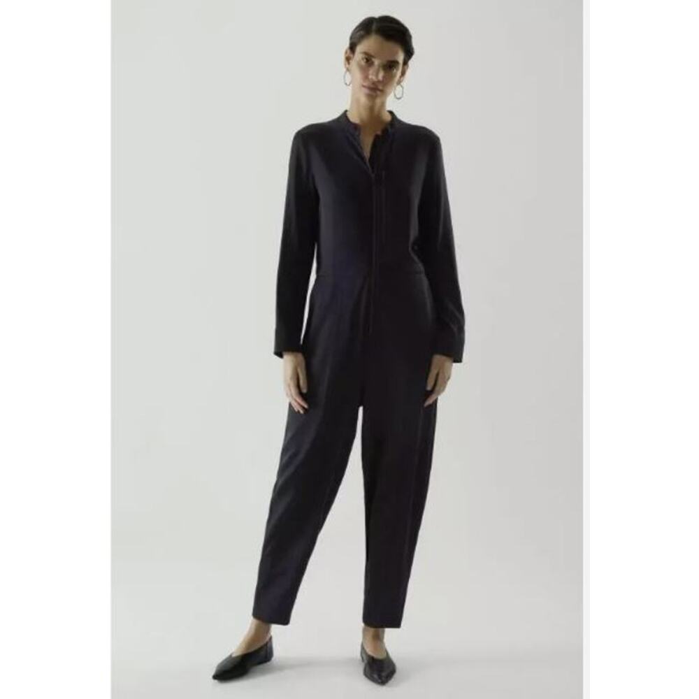 Cos collarless navy‎ viscose long sleeve barrel leg zippered jumpsuit EU38 - US8